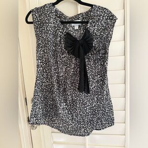LOFT Black & White Sleeveless Blouse with Pleated Bow Neckline - Size Small